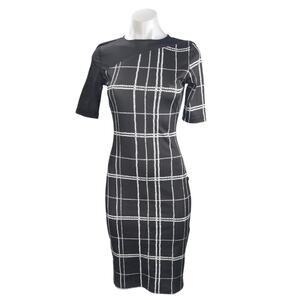 MDS Women's Black Plaid Check Short Sleeve Midi Sheath Pencil Bodycon Dress Sz S
